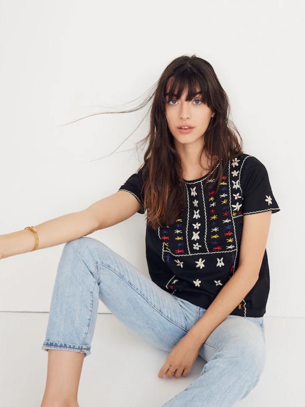 Madewell Embroidered Black Cut-Out Back Top